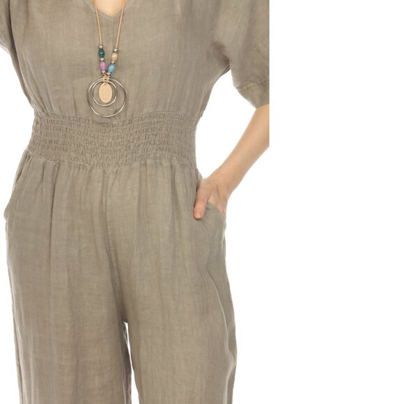 Taupe Half Sleeves Elastic Waist Jumpsuit - Picture 5 of 6